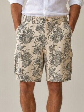 Tommy Hilfiger Linen Cotton Floral Cargo Shorts Size 38 Beige Black Paisley EUC